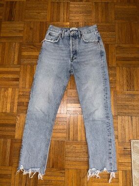 Agolde Light Blue Slim Straight Jeans with Frayed Hems